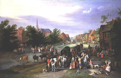 Reisende ruhen sich in einem Dorf aus