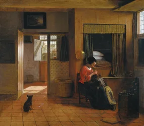 Innenraum mit einer Mutter, die das Haar ihres Kindes entlaust, Die Pflicht einer Mutter, 1659-1660