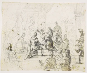 Figuren knien vor einem König auf dem Thron
