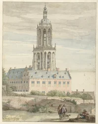 Ansicht des Palastes von Friedrich V., Kurfürst von der Pfalz, und der Sint-Cunerakerk, Rhenen