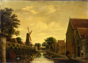 Ein Kanal an einer Stadtmauer mit Arbeitern, die Holz entladen, ca. 1650