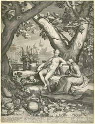 Vertumnus leiht sich die Gestalt einer alten Frau, um Pomonas Liebe zu gewinnen, 1605 (Kupferstich auf Büttenpapier)
