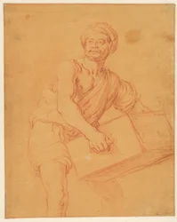 Studie eines bärtigen Mannes mit Turban, der eine Truhe trägt