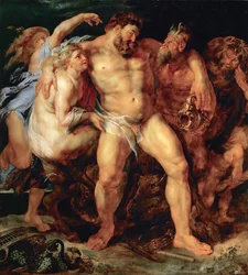 Der betrunkene Herkules, geführt von einer Nymphe und einem Satyr, um 1614