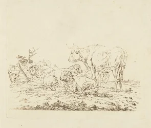 Weide mit Kuh und Schafen