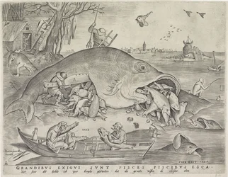 Große Fische fressen die kleinen Fische, graviert von Pieter van der Heyden