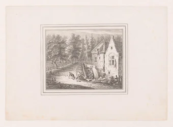 Landschaft mit Wassermühle und einer grasenden Ziege an einem Seil