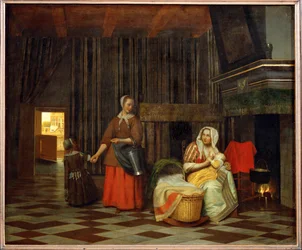 Innenraum mit Mutter, die ihr Kind füttert, und einer Magd