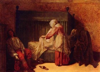 Soldat zieht einen Stiefel an und eine Frau macht ein Bett