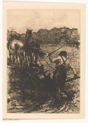 Bauer mit zwei pflügenden Pferden