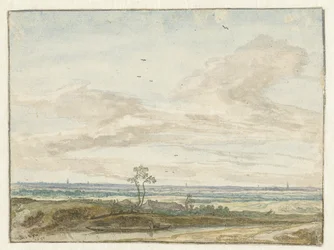 Weite Landschaft mit einem Weg entlang eines Kanals