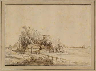 Figuren vor einem Gasthaus, Bauernhäuser und der Pfahl eines Taubenschlags, außerhalb von Amsterdam