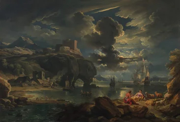 Eine mediterrane mondbeschienene Küstenlandschaft, ca. 1700-01