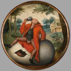 Der Betrunkene auf einem Ei, flämisches Sprichwort, um 1594