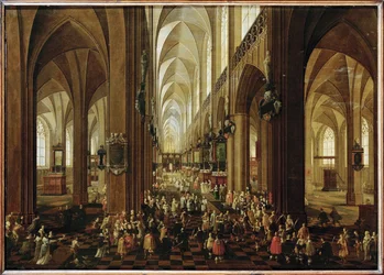 Innenraum von Notre Dame in Antwerpen, Erzherzog Leopold Wilhelm wird vom Kapitel empfangen