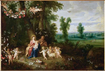 Die Heilige Familie mit Johannes dem Täufer und Engeln