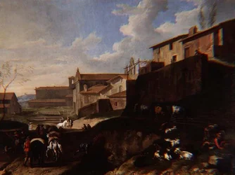 Capriccio-Ansicht mit Kirchen, Hütten und Reisenden