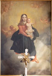 Innenansicht, Gemälde "Unsere Liebe Frau mit Kind mit Rosenkranz", Altarbild am Hauptaltar von Pierre Van Hanselaere
