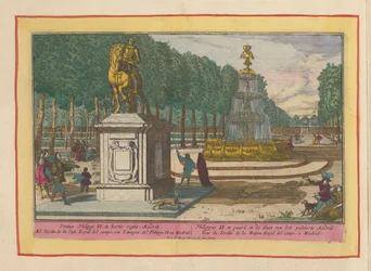 Reiterstandbild Philipps II. im Palastgarten zu Madrid; Philipp II. zu Pferd im Garten des Palastes zu Madrid (Titel auf dem Objekt); Theatrum Hispaniae (...) (Serientitel)