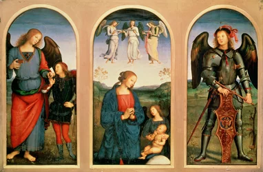 Die Jungfrau mit Engeln, links und rechts Erzengel Raphael mit dem jungen Tobias und dem Fisch