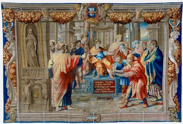 Wandteppich aus dem 17. Jahrhundert, der die Blendung des Zauberers Elima darstellt