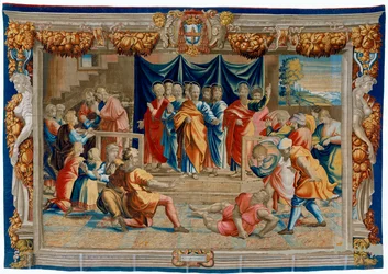 Wandteppich aus dem 17. Jahrhundert, der den Tod von Anania darstellt