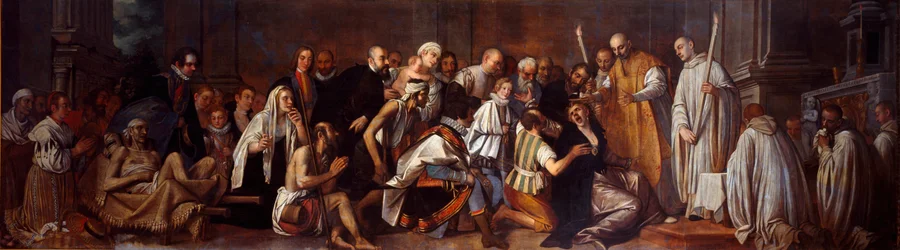 Heiliger Bernhard von Clairvaux (San Bernardo di Chiaravalle) (1090-1153) und die Besessene. Eine Menge von Invaliden wohnt der Szene der Dämonenaustreibung bei. Gemälde von Pietro Damini (1592-1631) 17. Jahrhundert