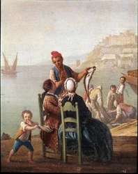 Ein Fischverkäufer und ein Paar, Detail, 18. Jahrhundert, Museo Nazionale di San Martino, Neapel