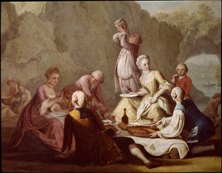 Bankettszene in Posillipo (Pausilippe), Neapel. Detail mit picknickenden Aristokraten - Bankett in Posillipo - Detail mit Aristokraten - 18. Jahrhundert, Museo Nazionale di San Martino, Neapel