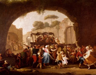 Tanzszene und Volksfest in Neapel, Detail. Tarantella-Tänzer (Tarantella, Tarantella). Pietro Fabris (tätig zwischen 1763 und 1776), 18. Jahrhundert, Neapel, Museo Nazionale di San Martino