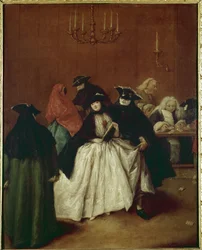Il Ridotto (der Privatraum des Palazzo San Moisè in Venedig) oder Masken im Ridotto, 61 x 49 cm, um 1760. Venedig, Fondazione Querini Stampalia