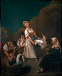 Junge Frauen waschen die Wäsche in den Bottichen, eine ältere Frau auf der rechten Seite legt Wolle aus. Gemälde von Pietro Longhi (1702-1785) um 1740 Venedig, Ca