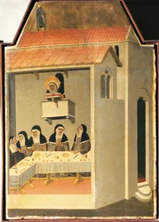 Die gesegnete Demut liest auf wundersame Weise im Refektorium von Santa Perpetua, Kachel aus dem Altarbild der gesegneten Demut