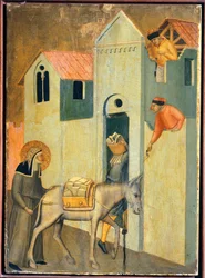 Der Selige geht betteln, um das Kloster zu bauen, Kachel aus dem Altarbild der Seligen Demut