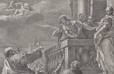 Christus auf einem Balkon umgeben von Wachen, Pilatus steht rechts und gestikuliert, ca. 1730-1739