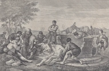 Joseph wird von seinen Brüdern in die Sklaverei verkauft, die um einen Brunnen sitzen und das Geld aufteilen, 1730-39