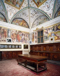 Blick auf die Sakristei mit Perugino-Paneelen, Basilika des Heiligen Petrus, Perugia, Umbrien, Italien