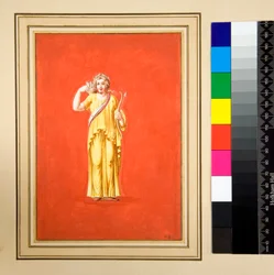 Weibliche Figur in Gelb, Bogen und Pfeil in der rechten Hand