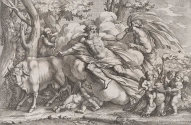 Io links als Kuh, Jupiter auf einer Wolke in der Mitte und Juno rechts, 1650-90