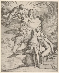 Opferung Isaaks: ein Engel drückt gegen den dolchtragenden Arm Abrahams, der ..., ca. 1645-50