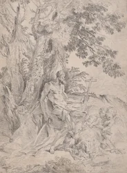 Heiliger Hieronymus vor einem Kruzifix, begleitet von einem Löwen und drei Putti, ca. 1631-1637
