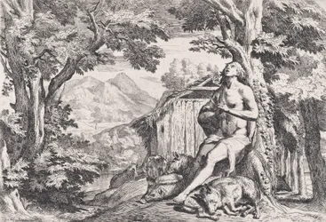 Der verlorene Sohn unter den Schweinen, aus einer Serie von vier Drucken, ca. 1645