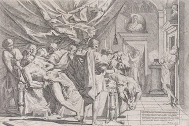 Der Selbstmord des Philosophen Cato, der auf seinem Bett liegt und seine Eingeweide herauszieht, beobachtet von..., 1648