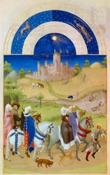 August: Herren spazieren durch die Felder, während die Bauern die Ernte einholen und baden. Im Hintergrund: das Schloss von Etampes. Miniatur in „Die sehr reichen Stunden des Herzogs von Berry“ von Pol De Limburg (15. Jahrhundert). Chantilly, Musée Condé
