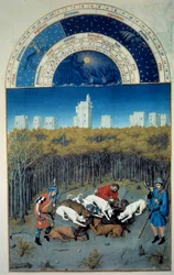 Dezember: Jagdszene. Im Hintergrund Ansicht von Vincennes