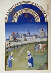 Juni: Heuernte. Im Hintergrund der Palast der Heiligen Kapelle von Pol De Limburg (15. Jahrhundert) aus dem Manuskript 