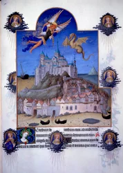 Ansicht von Mont Saint Michel: Der Erzengel Michael und der Drachenflügel kämpfen in der Luft