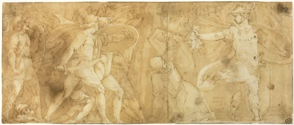 Perseus mit dem Kopf der Medusa, verwandelt Phineus und seine Anhänger in Stein