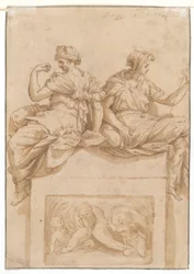 Studie eines sitzenden alten Mannes (recto); Kopie (von einem unbekannten Künstler) nach einer Studie von Perino del Vaga für die Sala Paolina, Castel Sant