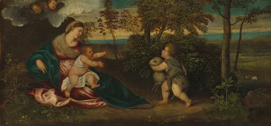 Madonna mit Kind und dem kleinen Johannes in einer Landschaft